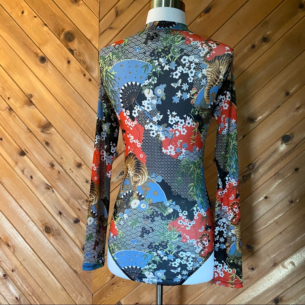 Forever 21 Mesh Semi Sheer Print Long Sleeve Bodysuit Sz Small